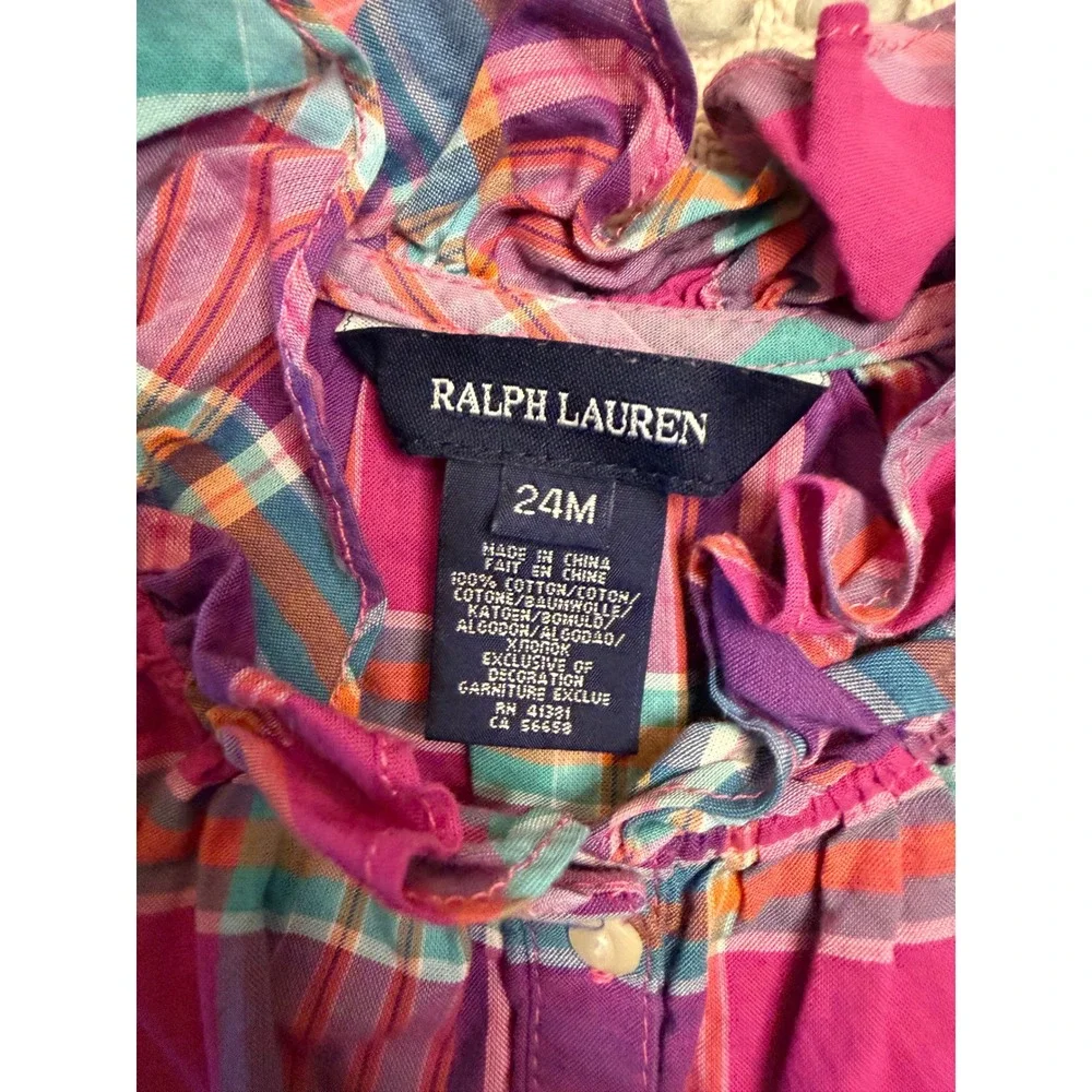 Ralph Lauren Toddler Girls 24M Plaid Ruffle Peplum Top Pink Purple Cotton Blouse